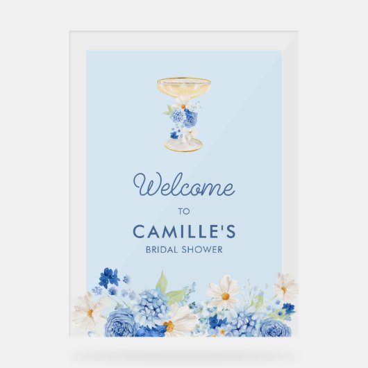Blauwe bloemblaadjes en prosecco welkom acryl teke acryl bord (Voorkant)