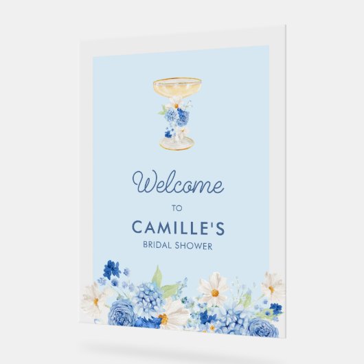 Blauwe Bloemblaadjes en Prosecco Welkom Acrylbord Acryl Bord (Hoek)
