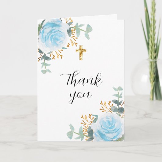 Blauwe bloemblaadjes eucalyptus kruis foto doop bedankkaart (Voorkant)