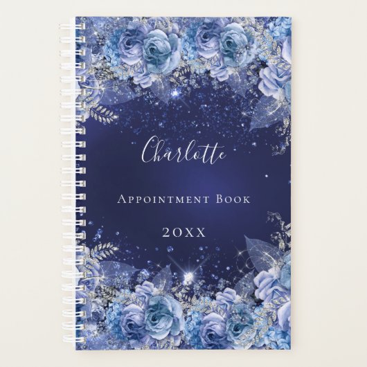 Blauwe bloemblaadjes glitter naam elegant planner (Voorkant)