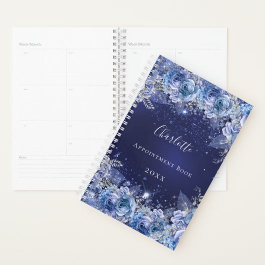Blauwe bloemblaadjes glitter naam elegant planner (Display)