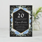 Blauwe Bloembladeren Zwart Twintig 20e Verjaardag Kaart (Staand voorkant)