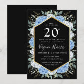 Blauwe Bloembladeren Zwart Twintig 20e Verjaardag Kaart (Voorkant / Achterkant)