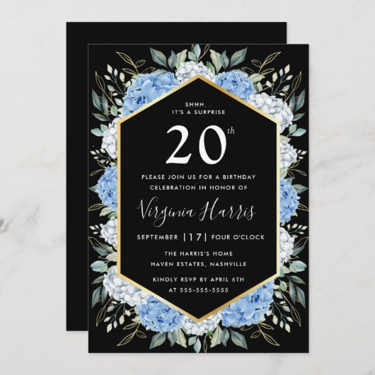 Blauwe Bloembladeren Zwart Twintig 20e Verjaardag Kaart (Voorkant / Achterkant)