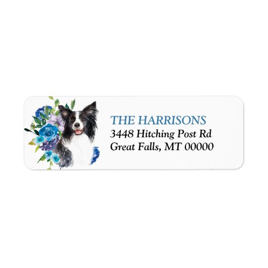 Blauwe bloemboeket Border Collie Etiket (Voorkant)