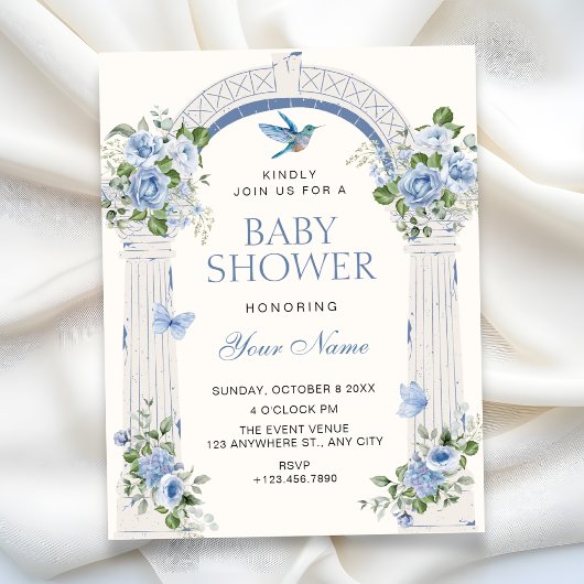 Blauwe bloemboog baby shower kaart