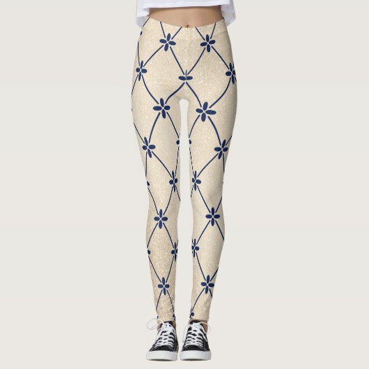 blauwe bloemdetails leggins leggings (Voorkant)