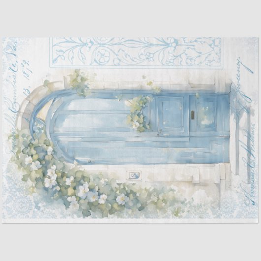 Blauwe Bloemdeur Decoupage Tissue Paper Tissuepapier (Voorkant)