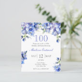 Blauwe Bloemen 100e Verjaardag Budget Uitnodiging (Staand voorkant)