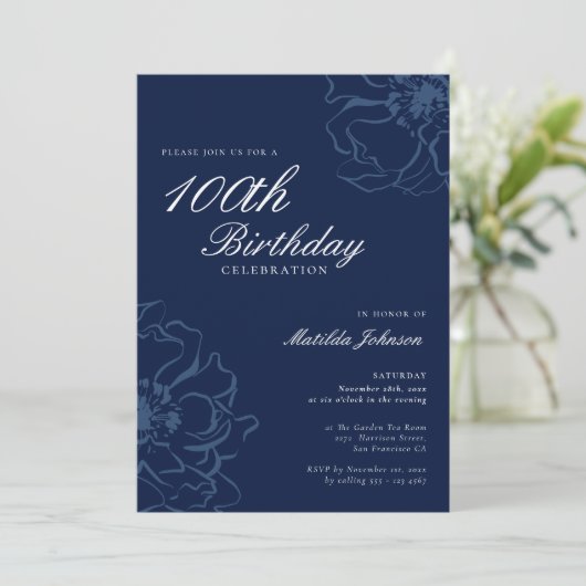 Blauwe Bloemen 100ste Verjaardagsfeest Kaart (Staand voorkant)