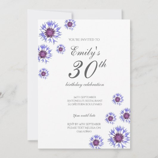 Blauwe Bloemen 30e verjaardag Uitnodiging (Voorkant)