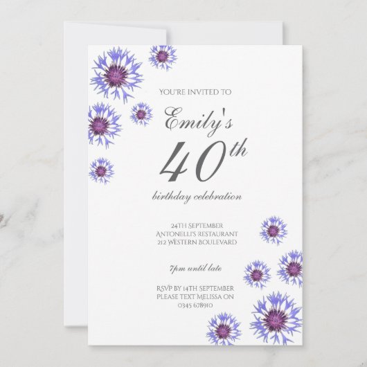 Blauwe Bloemen 40e verjaardag Uitnodiging (Voorkant)