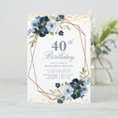 Blauwe Bloemen 40e Verjaardagsfeestuitnodiging Kaart (Staand voorkant)
