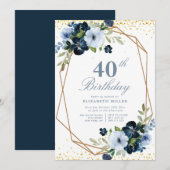 Blauwe Bloemen 40e Verjaardagsfeestuitnodiging Kaart (Voorkant / Achterkant)