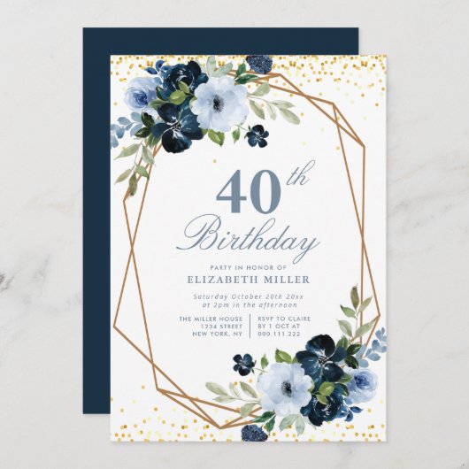 Blauwe Bloemen 40e Verjaardagsfeestuitnodiging Kaart (Voorkant / Achterkant)