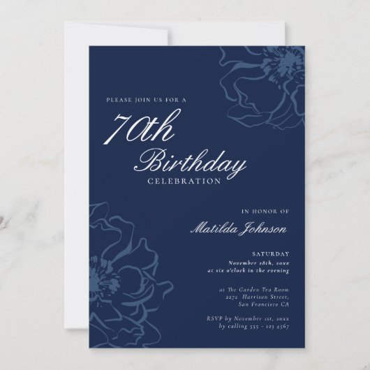 Blauwe Bloemen 70ste Verjaardagsfeest Kaart (Voorkant)