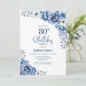 Blauwe Bloemen 80ste Verjaardagsfeest Kaart (Staand voorkant)