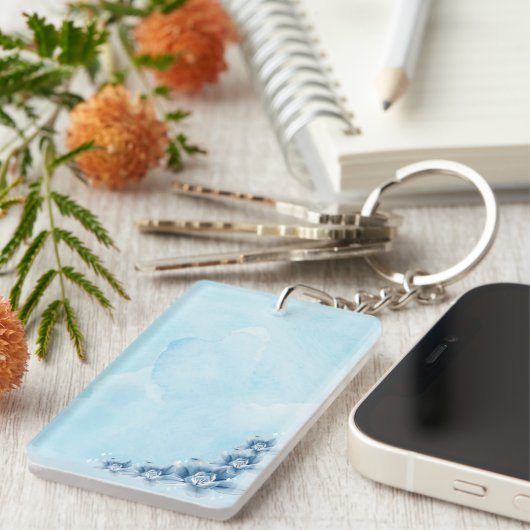 Blauwe bloemen acryl charme sleutelhanger (Voorkant Rechts)