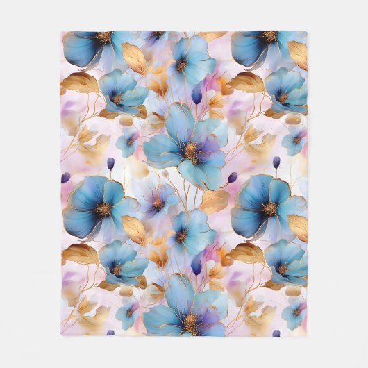 Blauwe Bloemen Alcohol Inkt in Zachte Pastels Fleece Deken (Voorkant)
