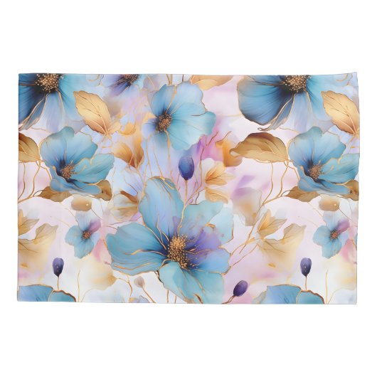 Blauwe Bloemen Alcohol Inkt in Zachte Pastels Kussensloop (Achterkant)