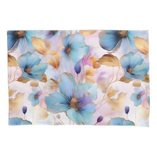 Blauwe Bloemen Alcohol Inkt in Zachte Pastels Kussensloop (Voorkant)