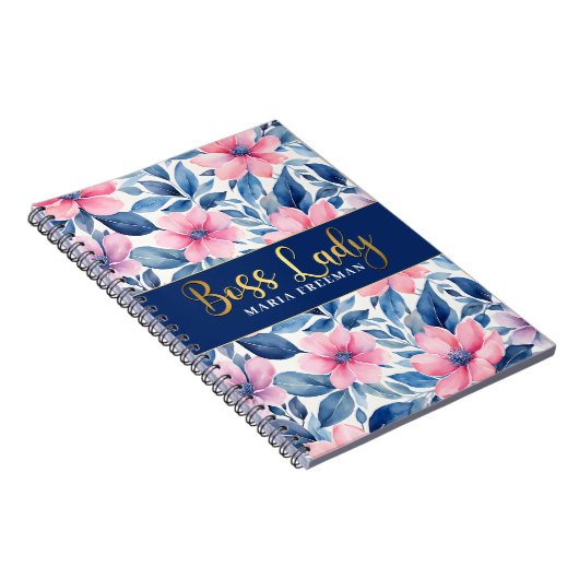 Blauwe bloemen Baas dame Notitieboek (Rechterzijde)