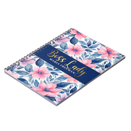 Blauwe bloemen Baas dame Notitieboek (Linkerzijde)