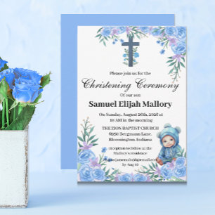 Blauwe Bloemen Baby Boy Doop/Doop Kaart
