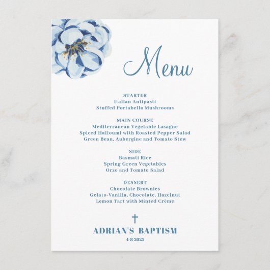 Blauwe Bloemen Baby Boy Doopmenu Menu (Voorkant)