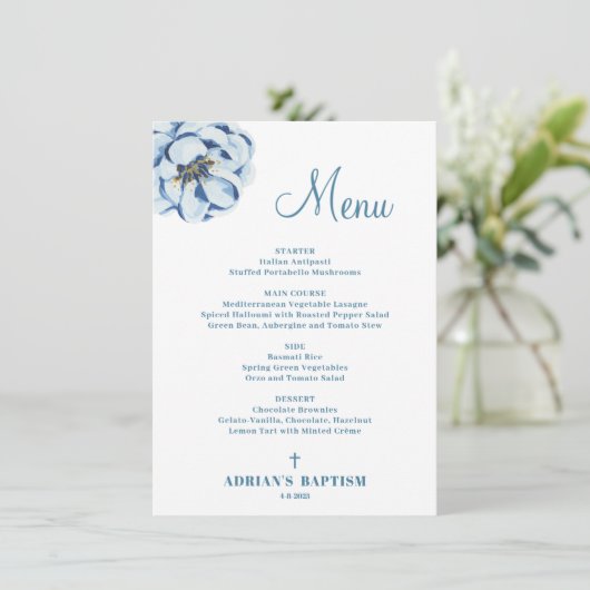Blauwe Bloemen Baby Boy Doopmenu Menu (Staand voorkant)