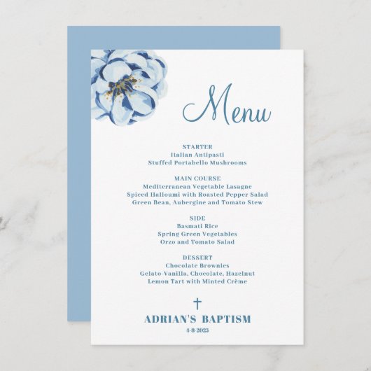 Blauwe Bloemen Baby Boy Doopmenu Menu (Voorkant / Achterkant)