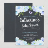 Blauwe Bloemen Baby Douche Uitnodigingen Jongen (Voorkant / Achterkant)