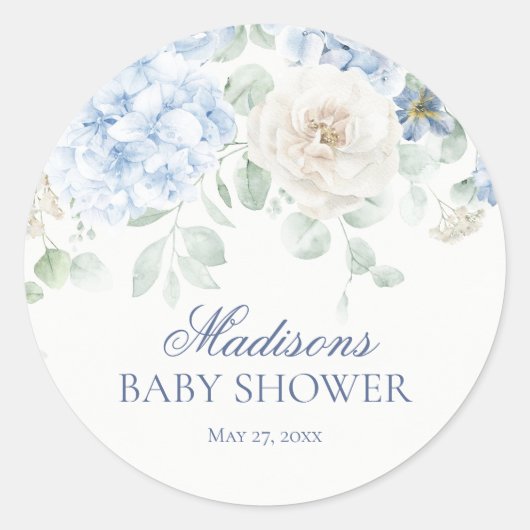 Blauwe Bloemen Baby in Bloei Babyshower Uitnodigin Ronde Sticker (Voorkant)