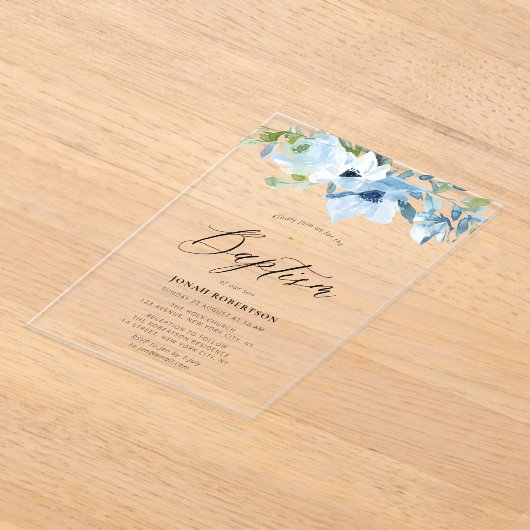 Blauwe bloemen baby jongen doop acryl uitnodigingen (Laagn)