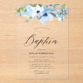 Blauwe bloemen baby jongen doop acryl uitnodigingen (Voorkant)