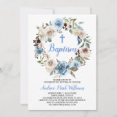 Blauwe Bloemen Baby Jongen Doop Uitnodiging (Voorkant)