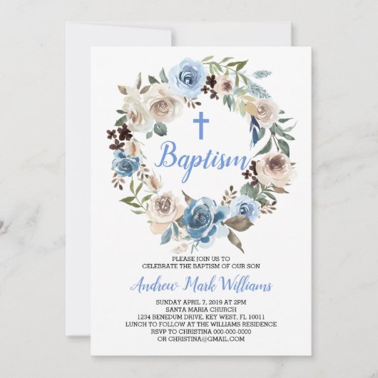 Blauwe Bloemen Baby Jongen Doop Uitnodiging (Voorkant)
