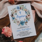 Blauwe Bloemen Baby Jongen Doop Uitnodiging
