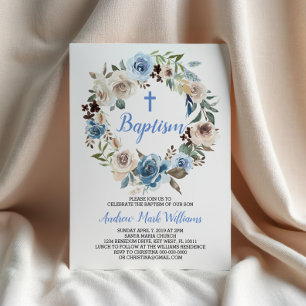 Blauwe Bloemen Baby Jongen Doop Uitnodiging