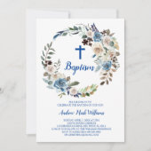 Blauwe Bloemen Baby Jongen Doop Uitnodiging (Voorkant)