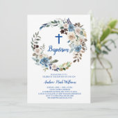 Blauwe Bloemen Baby Jongen Doop Uitnodiging (Staand voorkant)