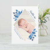 Blauwe bloemen baby jongen geboorte. Moderne bloem Aankondiging (Staand voorkant)