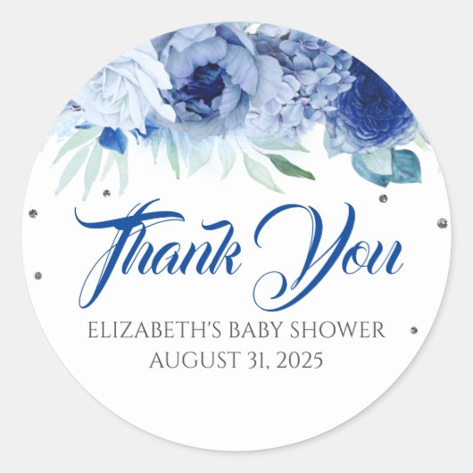 Blauwe Bloemen Baby Shower Bedankt Ronde Sticker (Voorkant)
