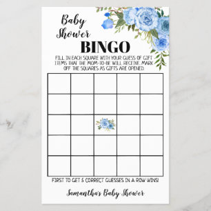 Blauwe Bloemen Baby Shower Bingo spelkaart Flyer