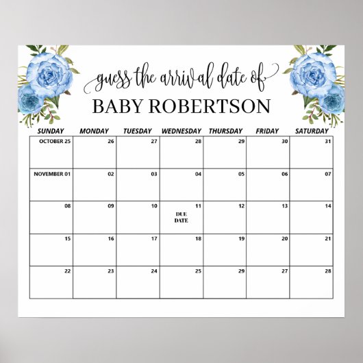 Blauwe bloemen Baby Shower Raad de Bevalling Datum Poster (Voorkant)