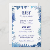 Blauwe bloemen baby uitnodiging - Tijd om te viere (Voorkant / Achterkant)