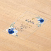 Blauwe Bloemen Bautizo Spaans acryl Uitnodiging (Laagn)
