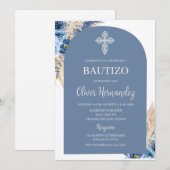 Blauwe Bloemen Bautizo Spaanse Uitnodiging (Voorkant / Achterkant)