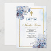 Blauwe Bloemen Bautizo Spaanse Uitnodiging (Voorkant / Achterkant)