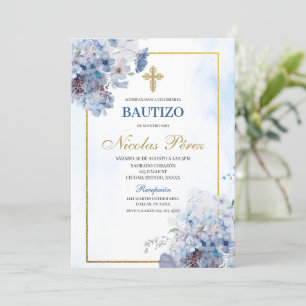 Blauwe Bloemen Bautizo Spaanse Uitnodiging